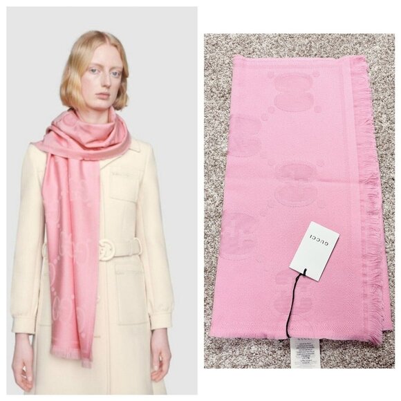 GUCCI Pink GG WOOL JACQUARD Logo Scarf Womens Size 45 cm x 195 cm - New - Auth - Picture 1 of 11